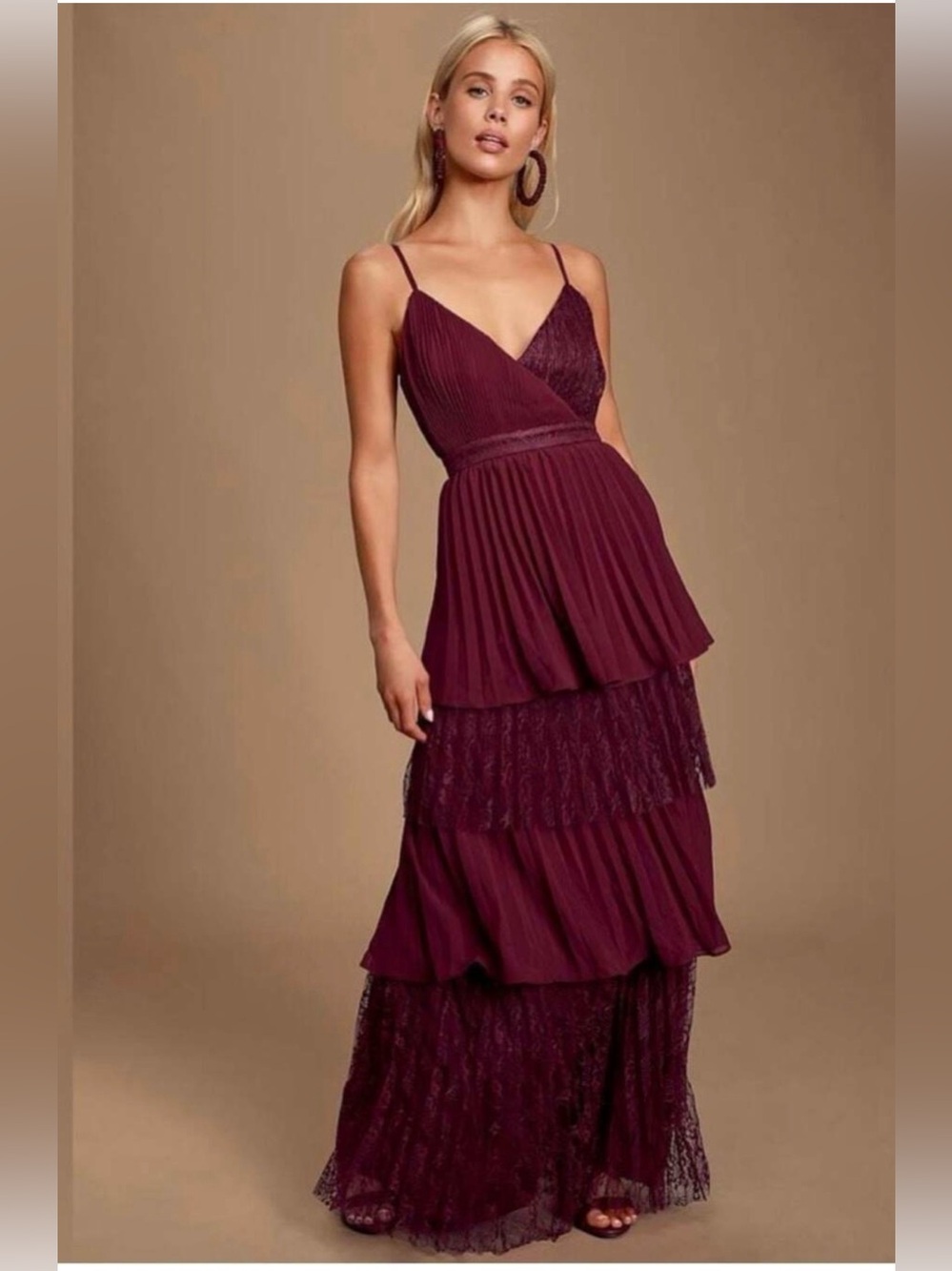 Lulus Burgundy Tiered Lace Maxi Dress large NWT bridesmaid wedding guest